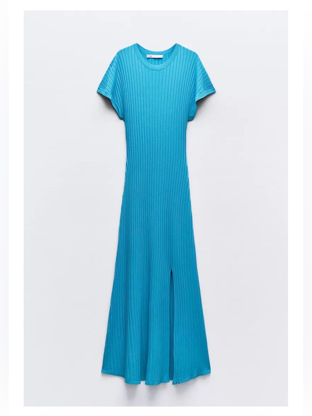 ZARA Ribbed Short-Sleeve Maxi Dress in Bright Turquoise